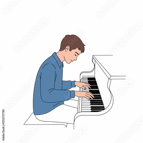 Young boy playing grand piano music instrument education hobby