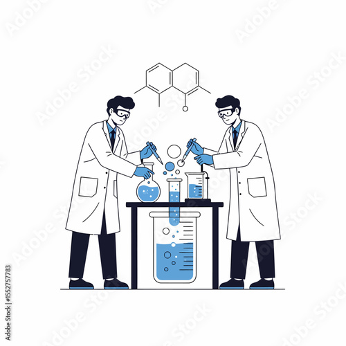 Scientists conduct chemical experiment in laboratory with scientific molecules overhead