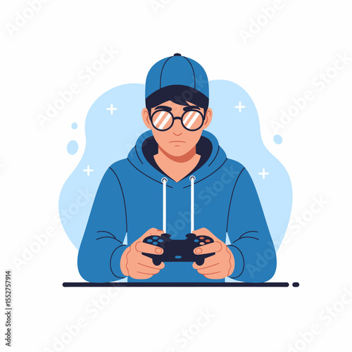 Young Man Wearing Blue Hoodie and Cap Playing Video Game with Controller