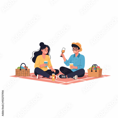 Couple enjoying a summer picnic with drinks and basket on a blanket outdoors