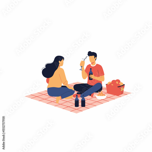 Couple enjoying a sunny day picnic with food and drinks in a park