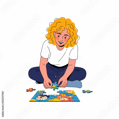 Young Woman Sitting on Floor Assembling Colorful Jigsaw Puzzle Pieces