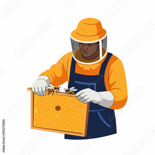 Beekeeper Inspecting Honeycomb Frame With Bees in Protective Suit