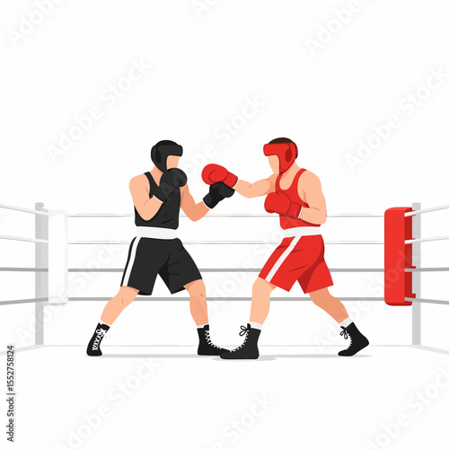 Two boxers in protective gear intensely sparring in a boxing ring during a championship match