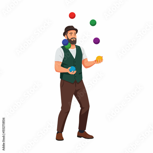 Skilled juggler performing with colorful balls in a lively performance