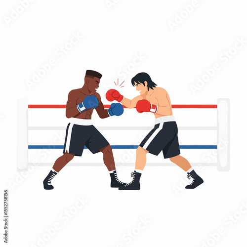 Two boxers competing in a boxing match inside a boxing ring during a fight