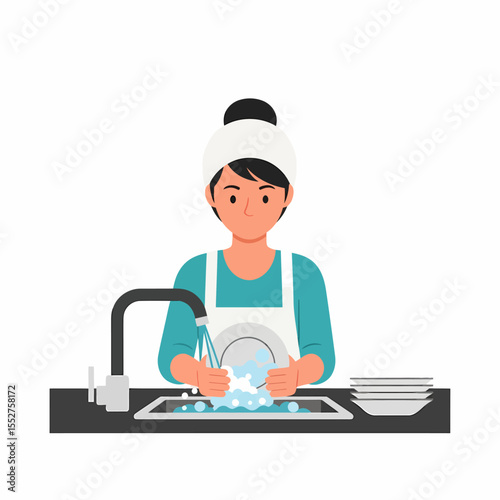 Young Woman Washing Dishes at Kitchen Sink with Bubbles and Clean Plates Stacked Nearby