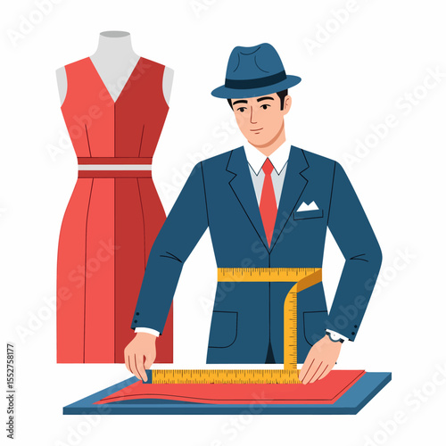 Tailor Measuring Fabric For Custom Suit With Mannequin And Measuring Tape