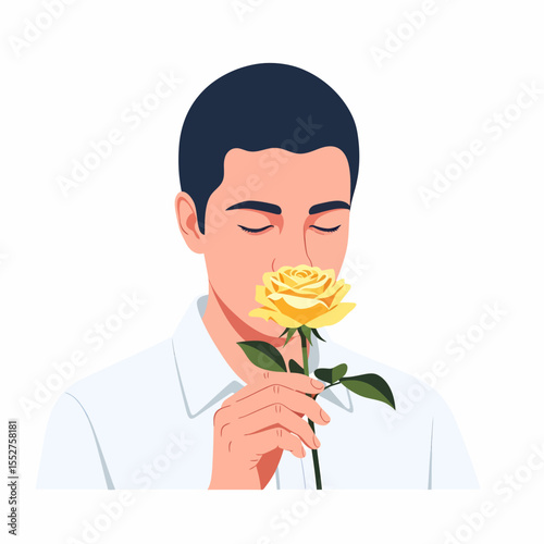 Man smelling a yellow rose with closed eyes enjoying the fragrance