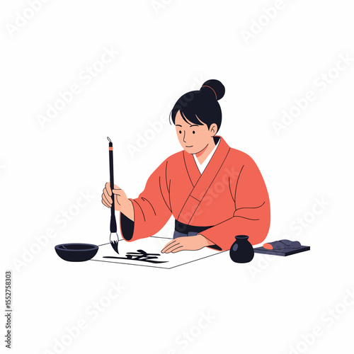 Young woman in traditional Japanese kimono practicing calligraphy art