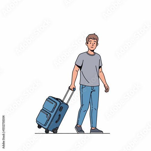 Young man with blue suitcase walking for vacation or travel