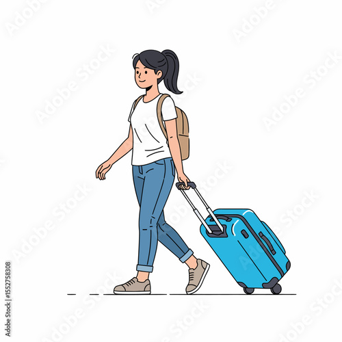 Young woman traveler with suitcase and backpack walking