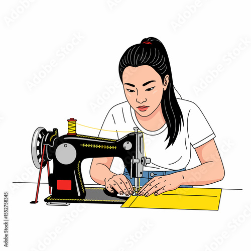 Young Asian Woman Sewing Fabric on Vintage Sewing Machine Crafting Handmade Clothing