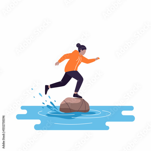 Woman in orange hoodie jumping across rocks in water stream symbolizing overcoming obstacles and achieving goals