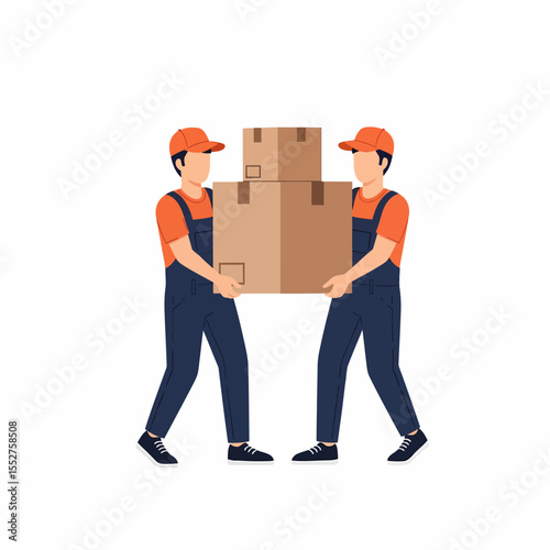 Two movers in uniform carrying stacked cardboard boxes during relocation or delivery