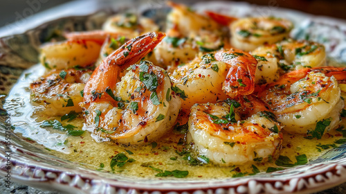 Delicious shrimp scampi on a decorative plate, glistening with garlic butter and topped with fresh parsley. An appetizer or a main course.
