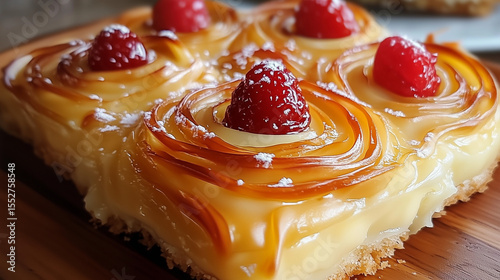 Delicious square tart with swirl design and red berries. Sweet treat with detailed swirls, light colors, and a wooden table.