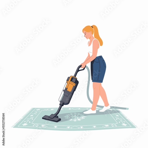 Woman Vacuuming Carpet at Home for Cleanliness and Housework