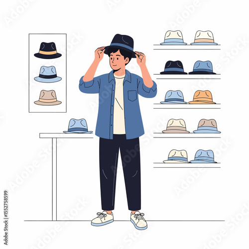 Man trying on stylish fedora hat in a modern hat store with shelves of various hats