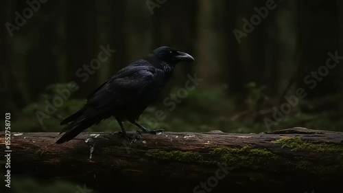 Raven perched on a fallen log in a forest.