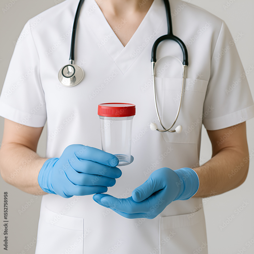 Naklejka premium Lekarz w rękawiczkach ochronnych trzyma pojemnik na próbkę moczu – diagnostyka laboratoryjna w gabinecie medycznym