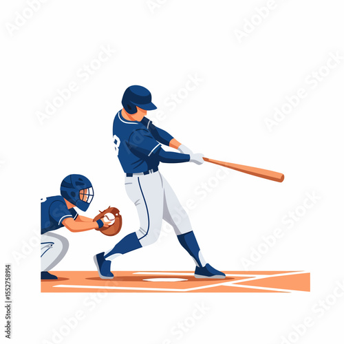 Baseball batter swinging bat at game with catcher behind home plate