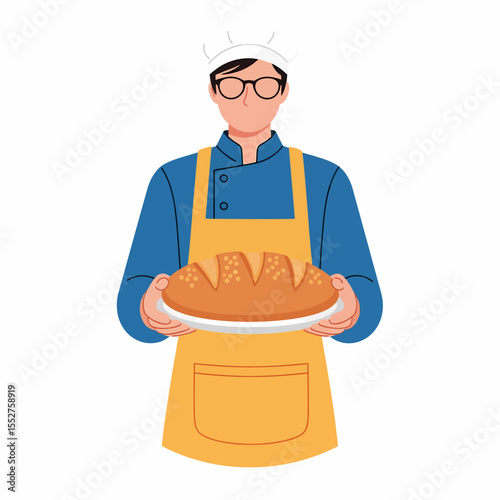Happy baker holding a freshly baked loaf of bread in a kitchen