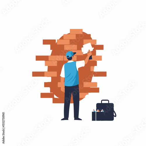 Skilled Builder Applying Mortar to Brick Wall Construction Work