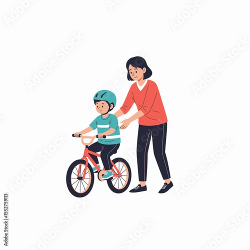 Mother teaching her son to ride a bicycle outdoors enjoying family time