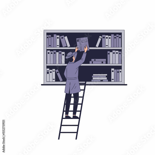 Man on Ladder Reaching for Book on Library Shelf