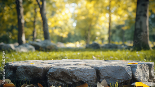 Stone platform amidst an idyllic autumn forest scene. Serene backdrop of trees and foliage, perfect for product displays or nature themes.