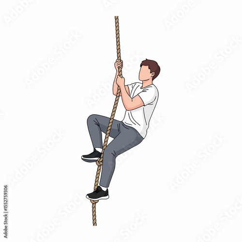 Man climbing rough rope upwards in fitness activity