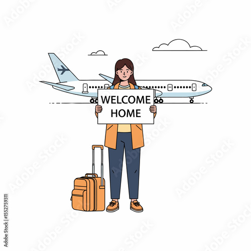 Woman Welcoming Home at Airport with Suitcase and Airplane