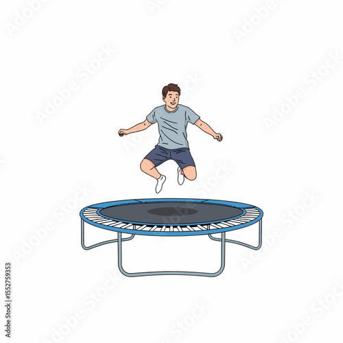 Man jumping high on a round trampoline outdoor active recreation fun