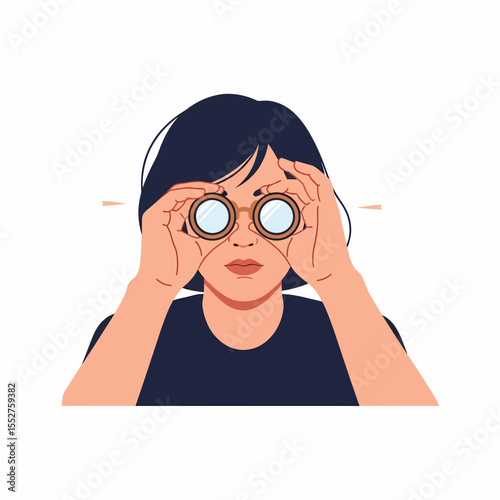 Woman looking through binoculars exploring searching discovery concept