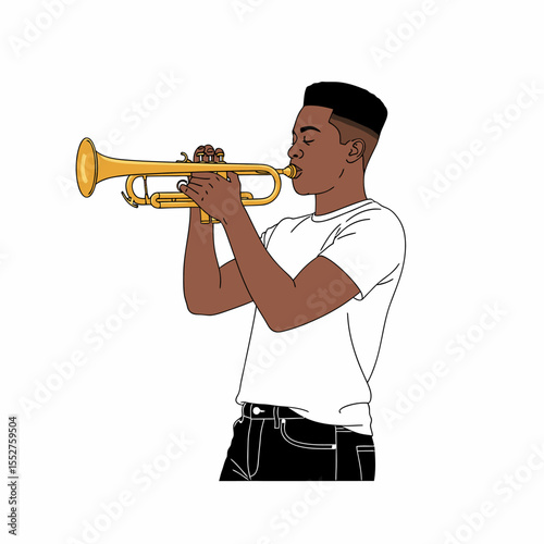 Young man in t-shirt playing golden trumpet with white background