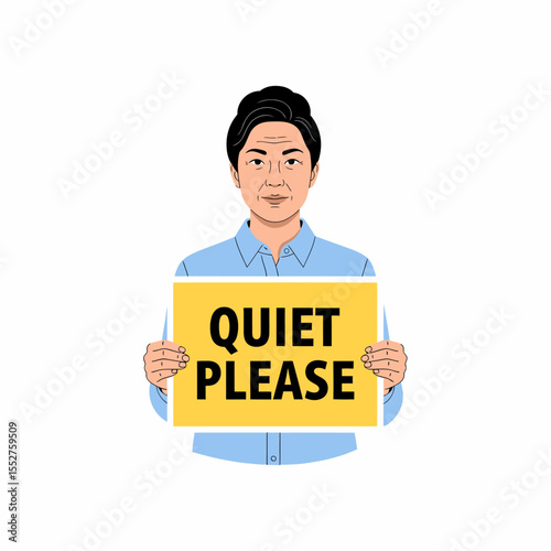 Woman holding a sign that says quiet please with a white background