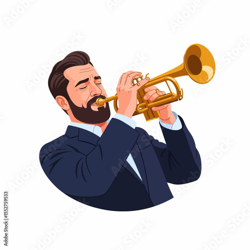 Bearded Man Playing Trumpet Enthusiastically in a Suit for Jazz Music or Performance Concept