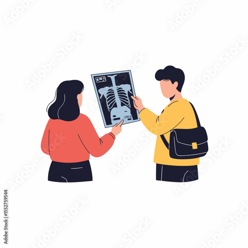 Doctor and patient examining x-ray scan of chest for medical diagnosis healthcare consultation