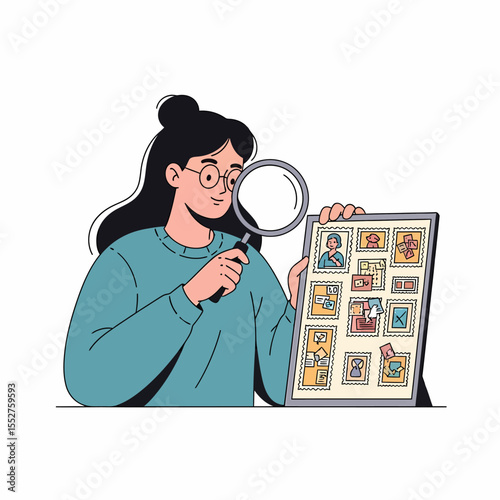 Woman with Magnifying Glass Examining a Digital Display of Small Images or Photos