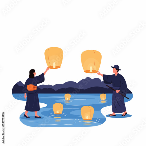 People Releasing Sky Lanterns Over Calm Water Under Dark Mountain Silhouette