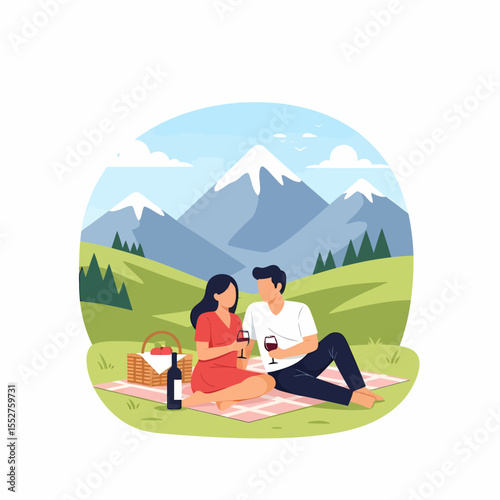 Romantic Couple Enjoying Picnic with Wine and Mountain View