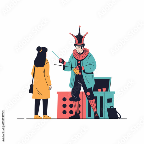 Street performer entertaining a woman with magic tricks and a juggling act