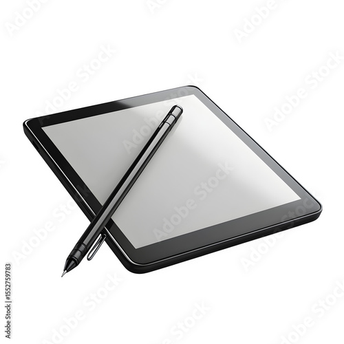 realistic product e-ink tablet with stylus pen in action isolated on pure white background subtle soft shadow clean studio lighting, ultra-high detail, PNG stock render :