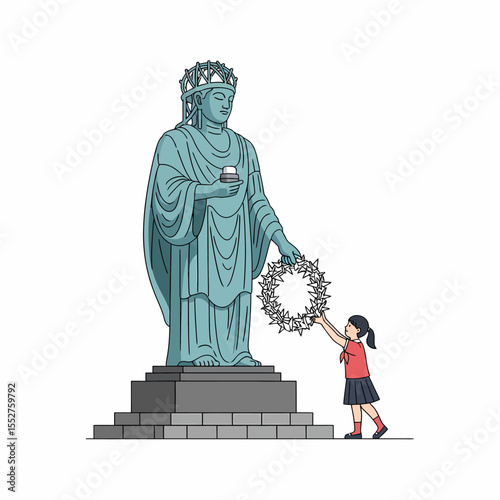Young Girl Places Wreath at Base of Monument Statue Honoring History and Remembrance