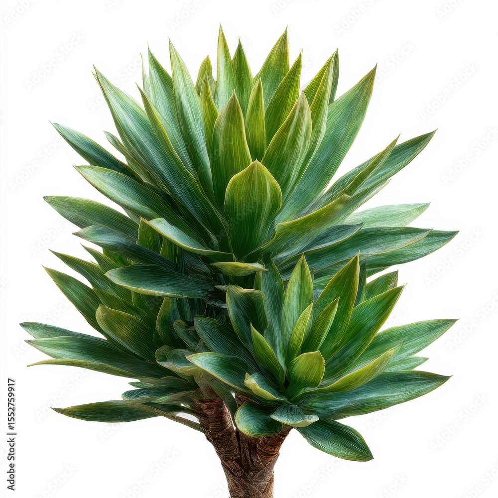 Fototapeta premium Vibrant green agave plant with textured leaves and thick trunk against a white background