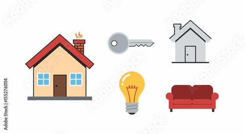 Pixel Art Icons Representing Home Ownership And Real Estate Concepts Including House Key Lightbulb And Sofa