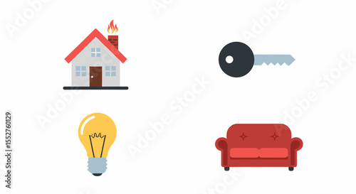 Home buying process with house key light bulb and sofa icons