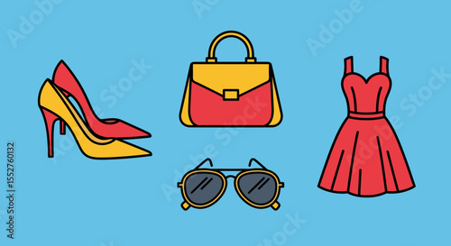 Fashionable Womenswear Accessories Including High Heels Handbag Sunglasses and Dress