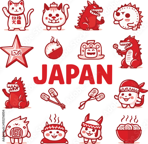Vibrant and playful illustration featuring a variety of Japanese-themed cartoon characters